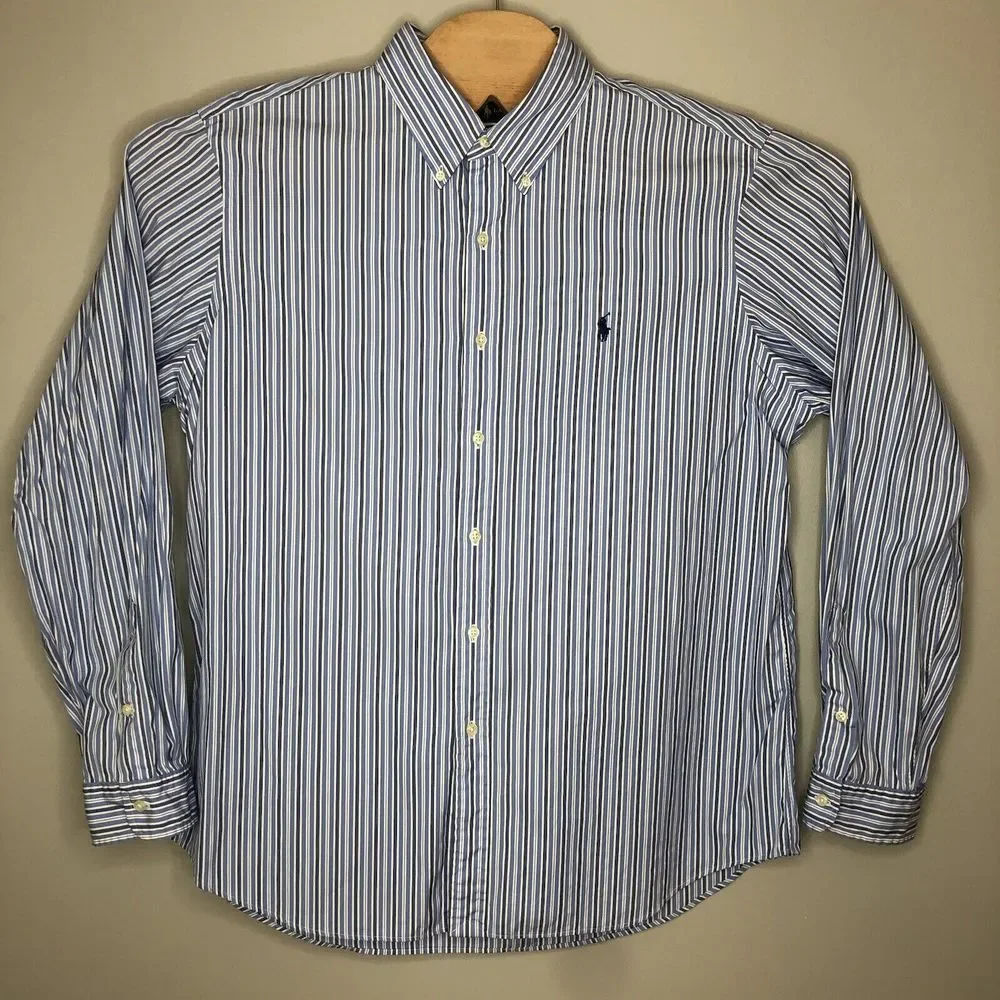 Ralph Lauren Men's XL‎ Blue White Striped Button Down Long Sleeve Dress Shirt